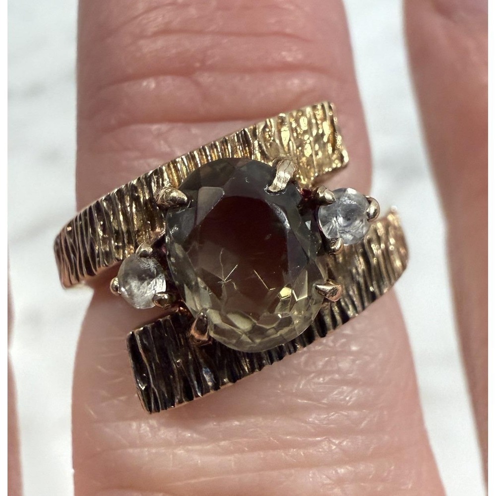 10K Yellow Gold Smoky Quartz White Accent Stone Bypass Ring SA 4.3g Size 5 MCM